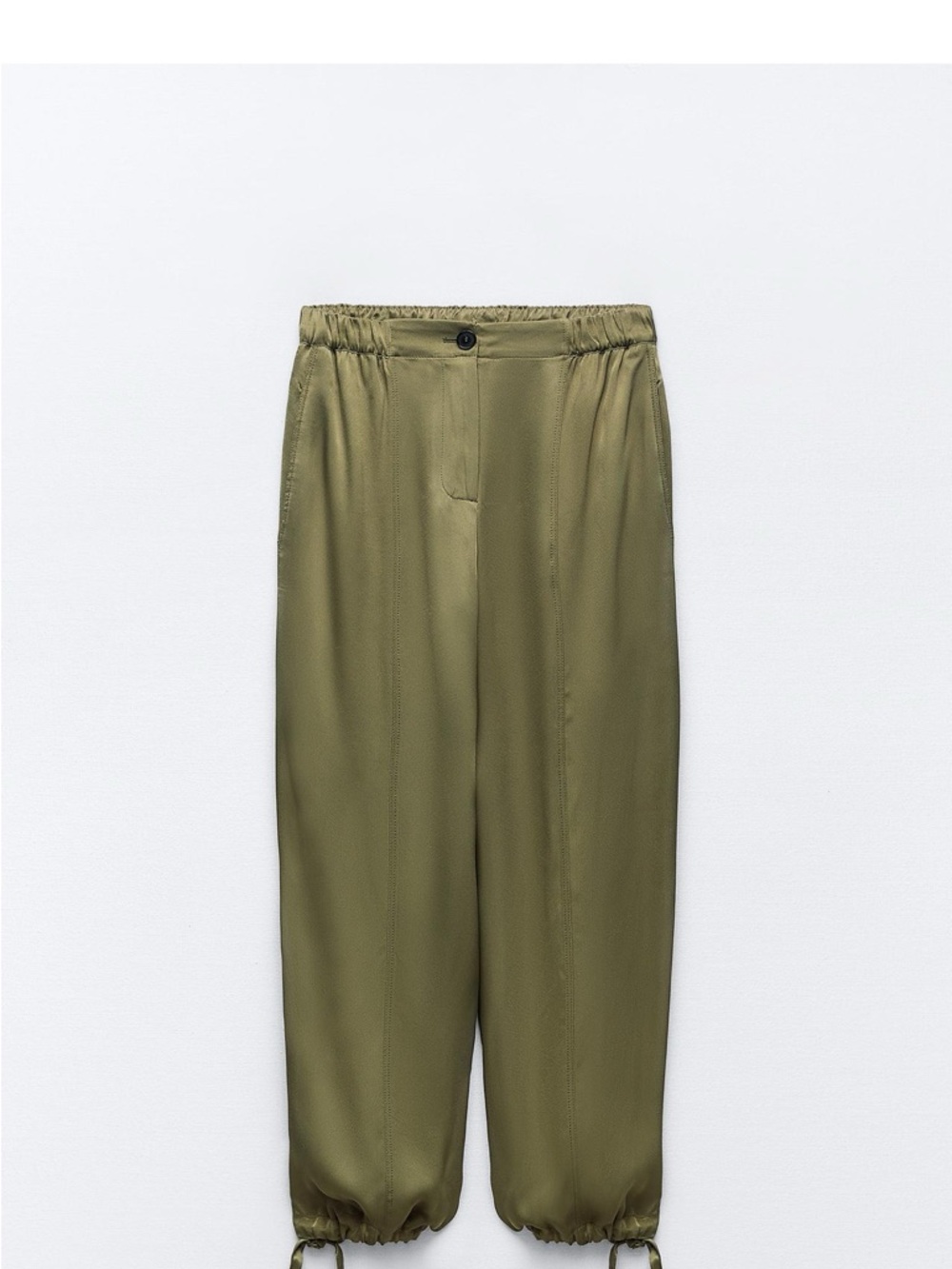 Zara Olive Green Satin Women's Elastic Hem Jogger Pants